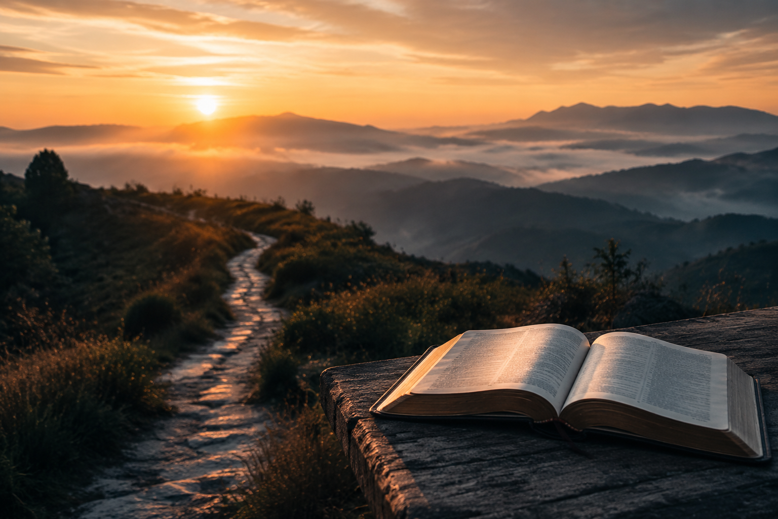 Biblia abierta frente a un camino iluminado por el amanecer